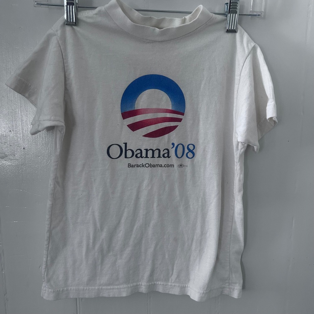 Vintage Union Line Obama 08 Campaign T-Shirt Kids White USA Made Cotton 2-4
